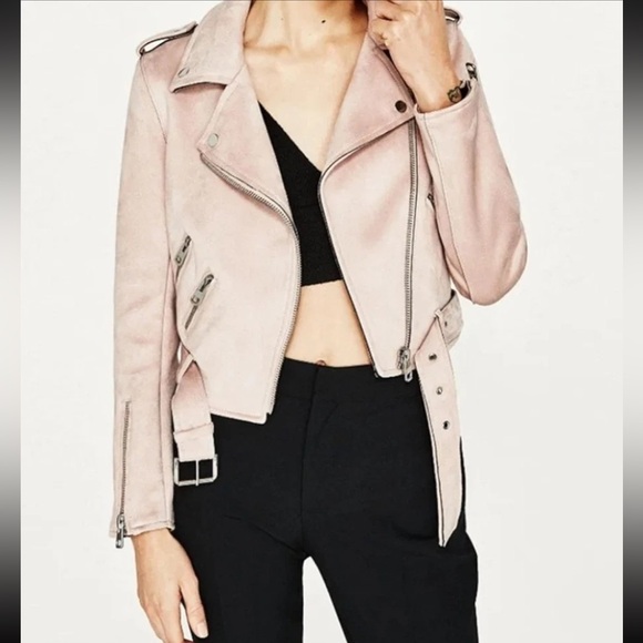 Womenβs Zara Basic Light Pink Faux Blush Faux Suede Zip Up Moto Jacked Size M - Picture 16 of 16